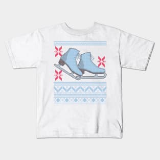 Ugly Christmas Sweater design with Ice Skates and Snowflakes Kids T-Shirt